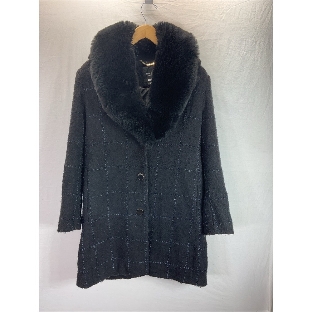 Kate Spade Lurex Plaid Wool Coat SZ MD Black Blue Metallic Button Front Formal